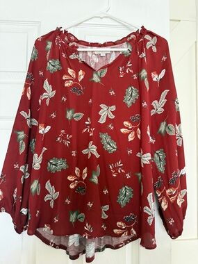 LOFT Maroon Floral Tie-Neck Tunic